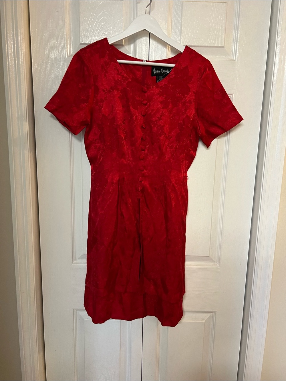 Jamie Brooke Red Satin Short Sleeve Button-Front Dress